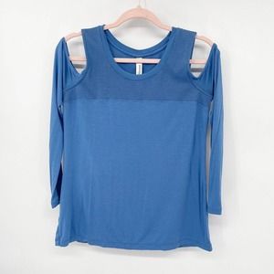 Lorna Jane Tonic Long Sleeve Top Size XS Blue Cold Shoulder‎ Mesh Trim Pullover